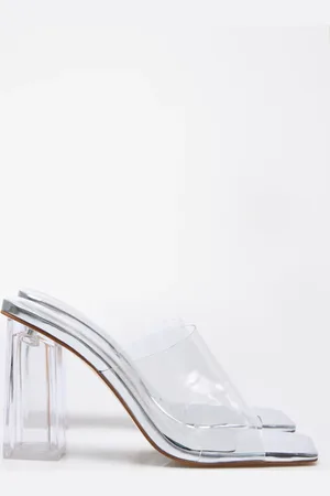 PRETTYLITTLETHING PU Square Toe Perspex Block Heeled Mules