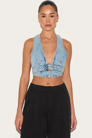 PRETTYLITTLETHING Buckle Front Denim Halterneck Top