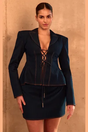PRETTYLITTLETHING PLT Label Plus Denim Tailored Lace Up Corset Blazer
