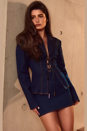 PRETTYLITTLETHING PLT Label Denim Tailored Lace Up Corset Blazer