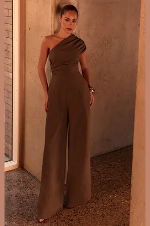 PRETTYLITTLETHING PLT Label Dark Asymmetric Ruched Wide Leg Jumpsuit