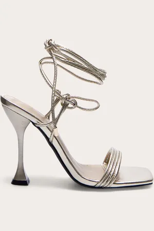 PRETTYLITTLETHING Pu Square Toe Triple Strap Lace Up Mid Heeled Sandals