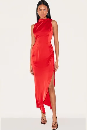 PRETTYLITTLETHING Satin High Neck Ruched Back Detail Midi Dress