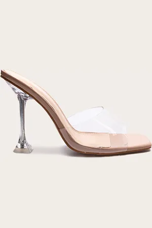 PRETTYLITTLETHING Pu Square Toe Clear Perspex Heeled Mules