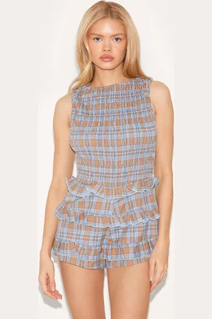 PRETTYLITTLETHING Gingham Woven Shirred Boat Neck Playsuit