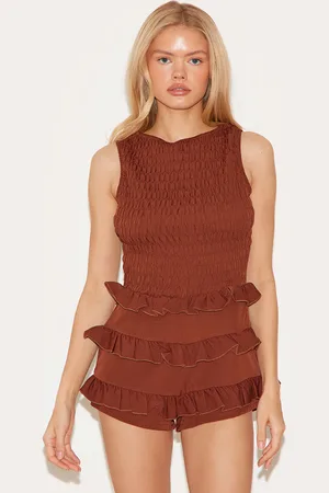 PRETTYLITTLETHING Chocolate Woven Shirred Boat Neck Playsuit
