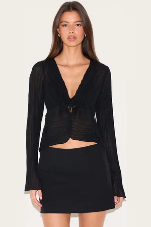PRETTYLITTLETHING Sheer Plisse Tie Front Flute Sleeve Blouse