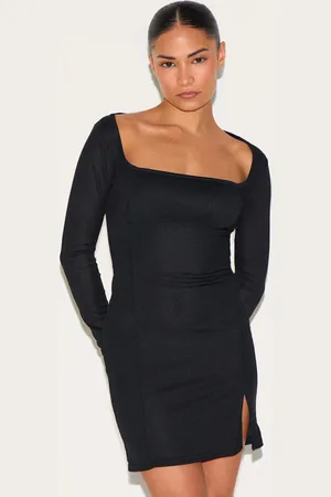 PRETTYLITTLETHING Petite Ribbed Long Sleeve Split Dress