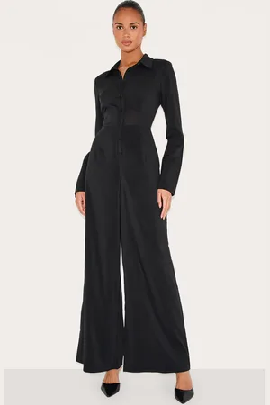 PRETTYLITTLETHING Chiffon Long Sleeve Cinched Wide Leg Jumpsuit