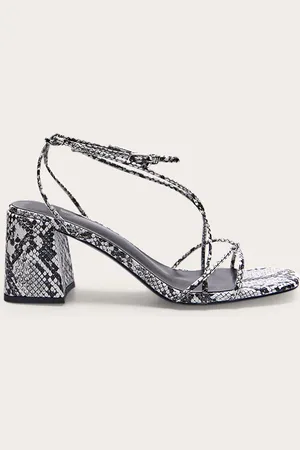 PRETTYLITTLETHING Snake PU Round Toe Strappy Mid Block Heeled Sandals