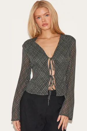 PRETTYLITTLETHING Check Chiffon Tie Front Blouse