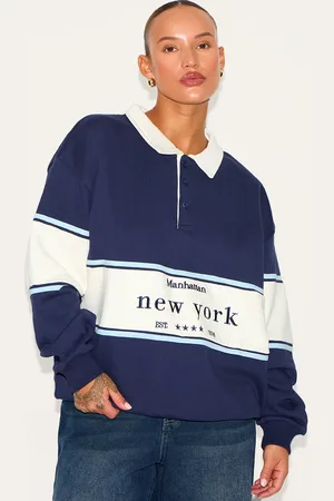 PRETTYLITTLETHING Plus Premium Contrast Collar New York Embroidered Sweatshirt