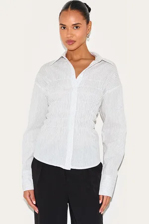 PRETTYLITTLETHING Shirred Striped Fitted Shirt