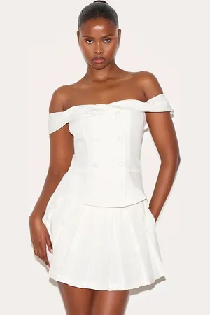 PRETTYLITTLETHING Tailored Button Detail Bardot Pleated Skort Playsuit