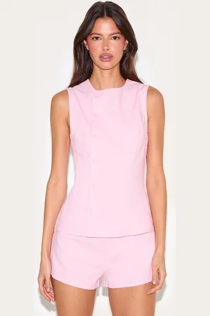 PRETTYLITTLETHING Linen Asymmetric Button Down Playsuit