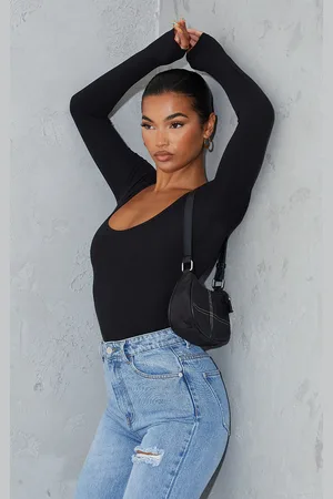 PRETTYLITTLETHING Basic Cotton Blend Scoop Neck Long Sleeve Bodysuit