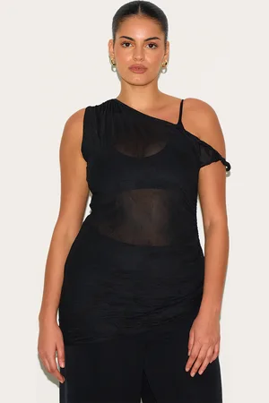 PRETTYLITTLETHING Plus Crinkle Mesh Twist Sleeve Detail Long Top