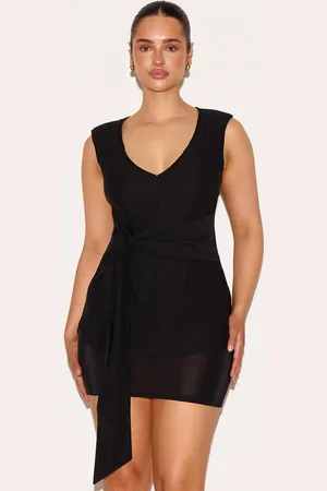 PRETTYLITTLETHING Shape Stretch Woven Plunge Front Belted Long Line Top