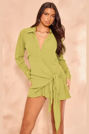 PRETTYLITTLETHING Textured Plunge Wrap Shirt Dress