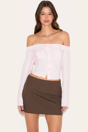 PRETTYLITTLETHING Striped Bardot Peach Skin Shirt