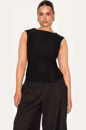 PRETTYLITTLETHING Shape Stretch Woven Boat Neck Pleated Peplum Top