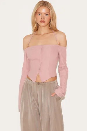 PRETTYLITTLETHING Striped Bardot Peach Skin Flared Shirt