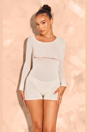 PRETTYLITTLETHING Sheer Knit Cut Out Detail Playsuit