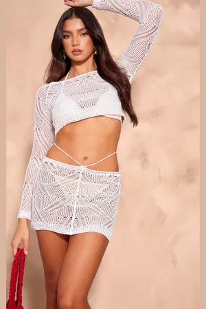 PRETTYLITTLETHING Distressed Textured Knit Long Sleeve Crop Top