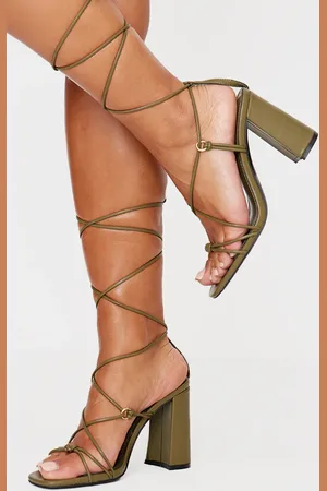 PRETTYLITTLETHING Wide Fit PU Square Toe Lace Up Block Heeled Sandals