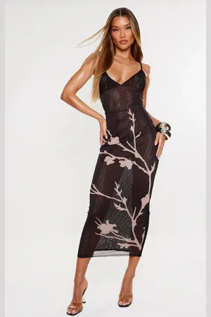 PRETTYLITTLETHING Flower Printed Mesh Strappy Midi Dress