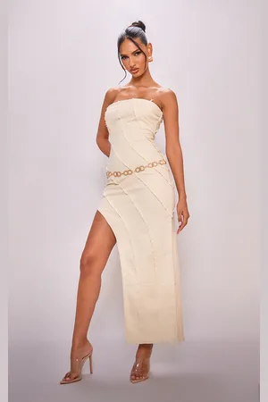 PRETTYLITTLETHING Frayed Seam Detail Asymmetric Denim Midi Dress