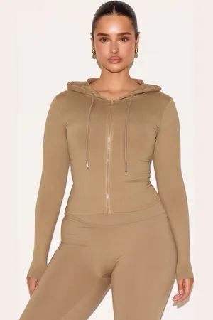 PRETTYLITTLETHING Shape Olive Zip Through Sculpted Hoodie