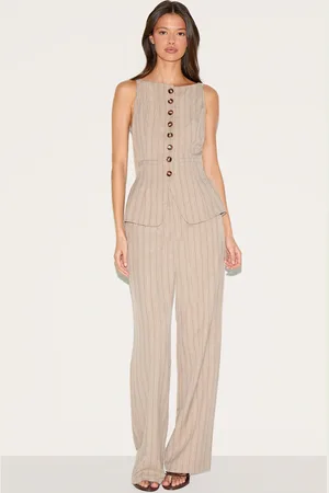 PRETTYLITTLETHING Pinstripe Linen Button Down Peplum Hem Jumpsuit