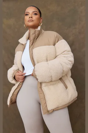 PRETTYLITTLETHING Plus Borg Contrast Panelled Puffer Coat