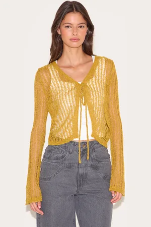 PRETTYLITTLETHING Ladder Knit Sheer Cropped Tie Front Top