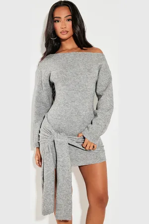 PRETTYLITTLETHING Petite Knit Slouchy Mini Dress With Tie Wrap Around