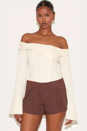 PRETTYLITTLETHING Linen Blend Bardot Button Up Shirt