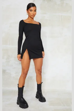 PRETTYLITTLETHING Rib Split Hem Square Neck Long Sleeve Bodycon Dress