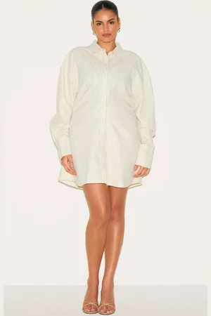 PRETTYLITTLETHING Plus Pinstripe Seersucker Cinch Waist Shirt Dress