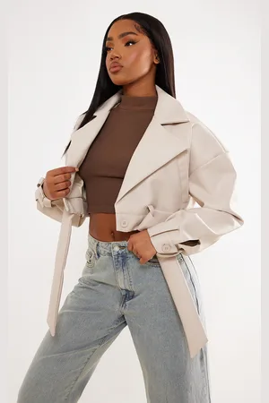 PRETTYLITTLETHING Oversized Belted Hem Cropped Biker Jacket