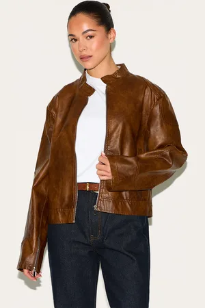 PRETTYLITTLETHING Faux Leather Washed Boxy Biker Jacket