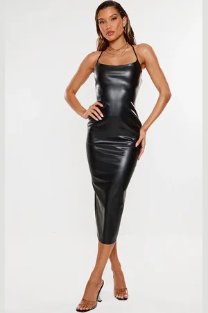 PRETTYLITTLETHING Faux Leather Lace Up Back Midi Dress