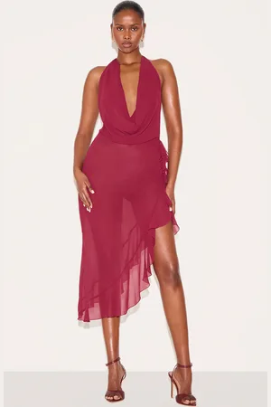 PRETTYLITTLETHING Cowl Ruffle Split Detail Midi Dress
