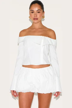 PRETTYLITTLETHING Linen Blend Bardot Button Up Shirt