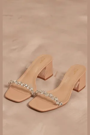 PRETTYLITTLETHING PU Wide Fit Square Toe Jewel Perspex Block Heeled Mules