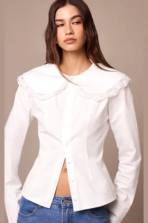 PRETTYLITTLETHING Cotton Lace Trim Long Sleeve Shirt