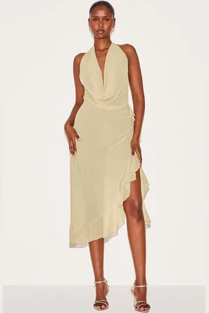 PRETTYLITTLETHING Cowl Ruffle Split Detail Midi Dress