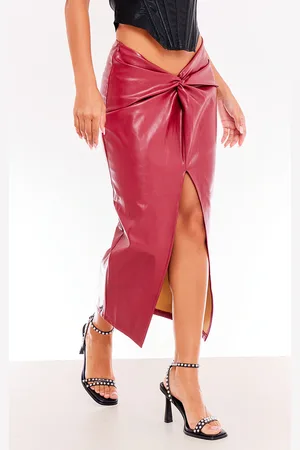 PRETTYLITTLETHING Faux Leather Twist Detail Front Midi Skirt