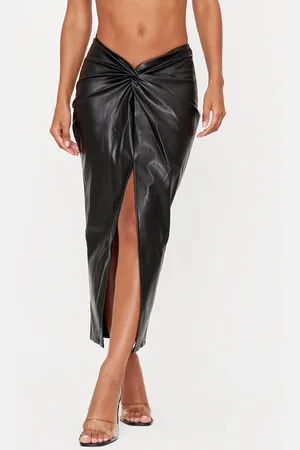 PRETTYLITTLETHING Faux Leather Twist Detail Front Midi Skirt