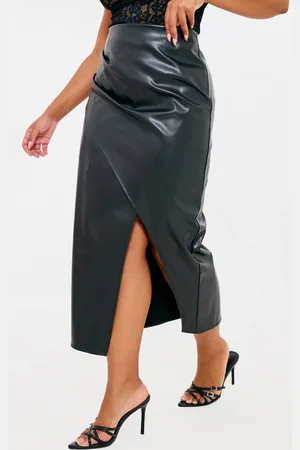 PRETTYLITTLETHING Plus Faux Leather Asymmetric Midi Skirt